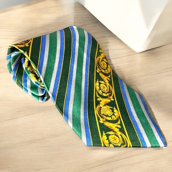 Authentic VERSACE 100% Silk Gold Blue & Green Scroll Stripe Men’s Neck Tie - Picture 1 of 8